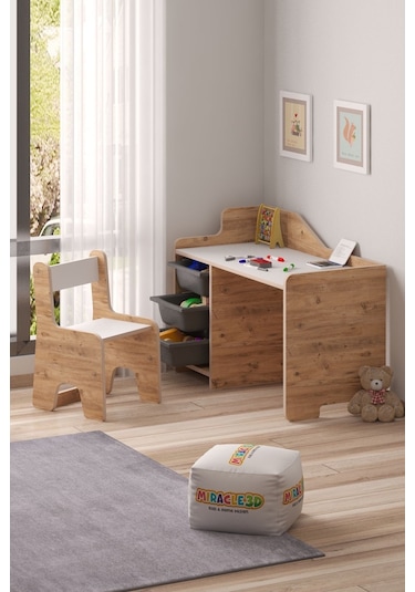 Miracle 3d Çocuk Oyun Aktivite Masası 90x45 Cm 3 Sepetli Çocuk Çalışma Masası - Sırt Dayamalı Sandalye Çam
