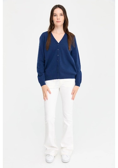 Desen Triko Kadın V Yaka Yün Hırka 21021 Indigo Indigo