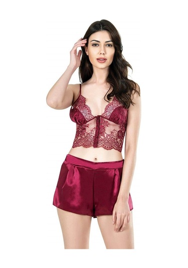 Ahu 7669 Saten Kısa 6lı Set - Bordo