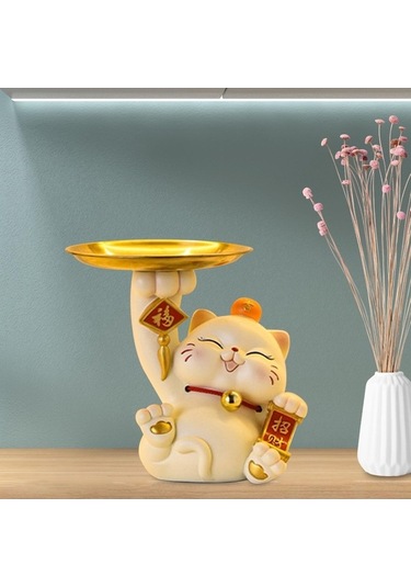 Trendooze Şanslı Kedi Heykeli Mini Depolama Tepsisi - 13x10,5x15,5 Cm, Unik Tasarım 13cmx10,5cmx15,5cm