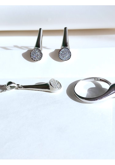 Gümüş Pave Sövalye Tasarım Kolye Küpe Yüzük Kadın Set