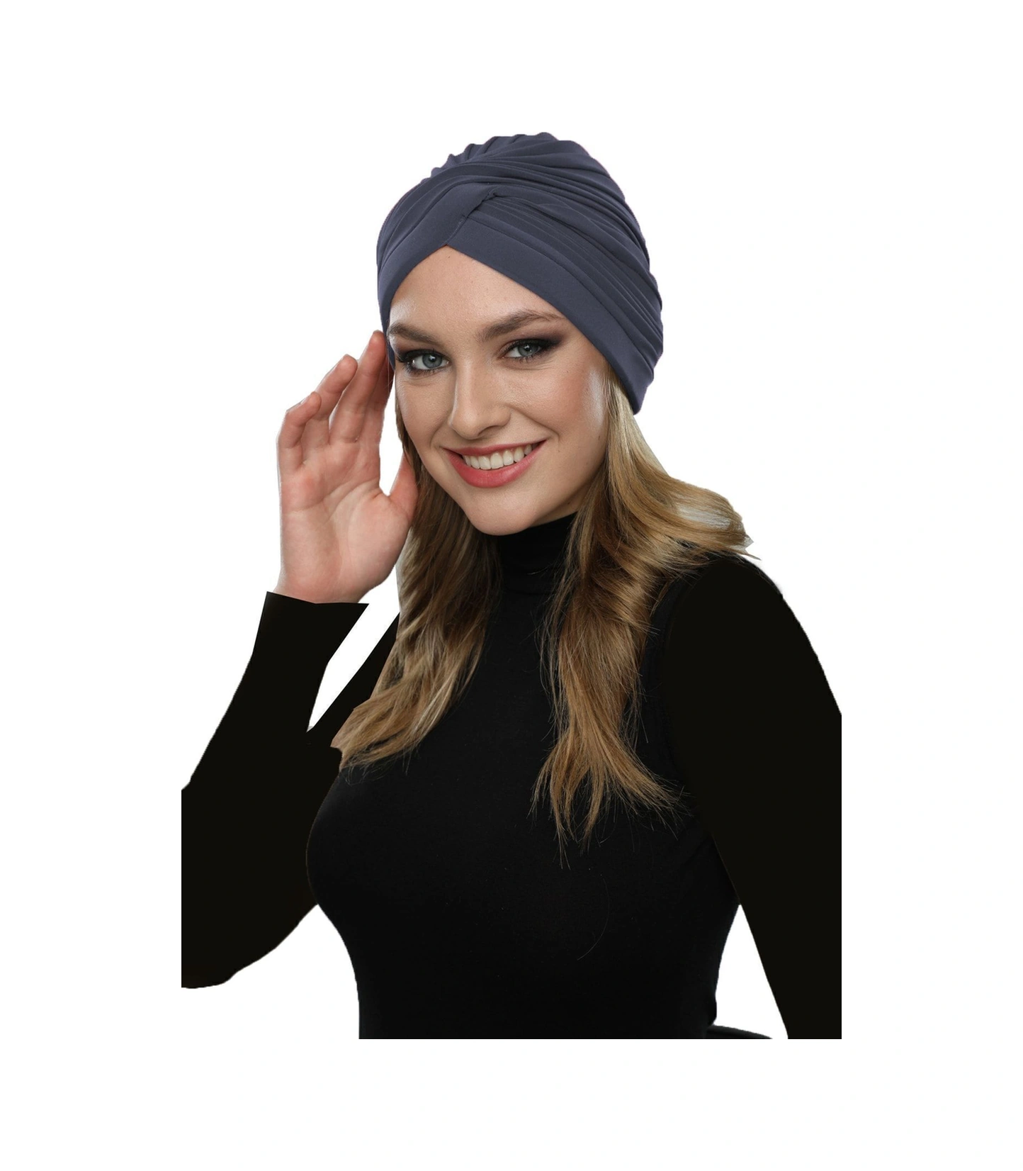 Çapraz W Nervürlü Ensesi Bantlı Koyu Gri Hazır Türban Tesettür Havuz Bonesi Koyu Gri