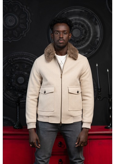 Slimfit Kürklü Sabit Yaka Beli Lastikli Astarlı Kaşe Mont Krem