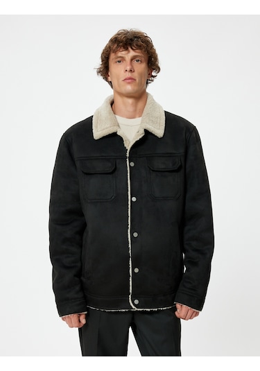 Koton Süet Görünümlü Ceket Slim Fit Peluş Detaylı Gömlek Yaka Siyah 5wam20075hw Siyah