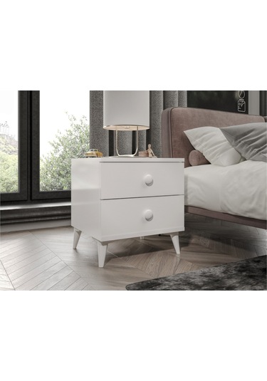 Komidin 2 Çekmeceli Beyaz - Beyaz Kulplu Konik Ayaklı Kurulu