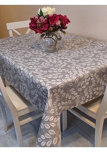 Elyaflı Pvc Muşamba - Desenli Silinebilir Masa Örtüsü Krem Fnt1248 Gri