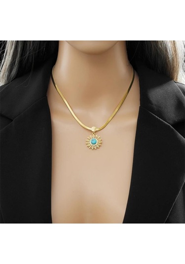 Çelik İtalyan Zincirli Firuze Doğaltaşlı Bayan Altın Renk Kolye Çelik