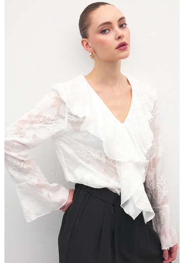 Sateen Fırfır Detaylı Nakışlı Gömlek - Ekru-137183 ekru