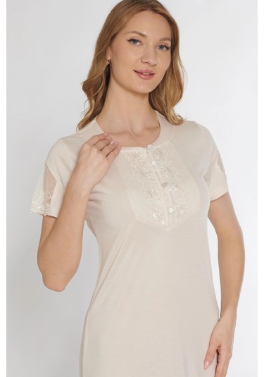 Klasik Dantel Detaylı Kısa Kollu Şık Zarif Gecelik Flz 38-30 Bej