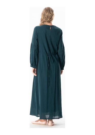 Uzun Kol Şile Bezi Gülşah Bisiklet Yaka Nakışlı Uzun Yazlık Elbise Petrol Ptrl Petrol