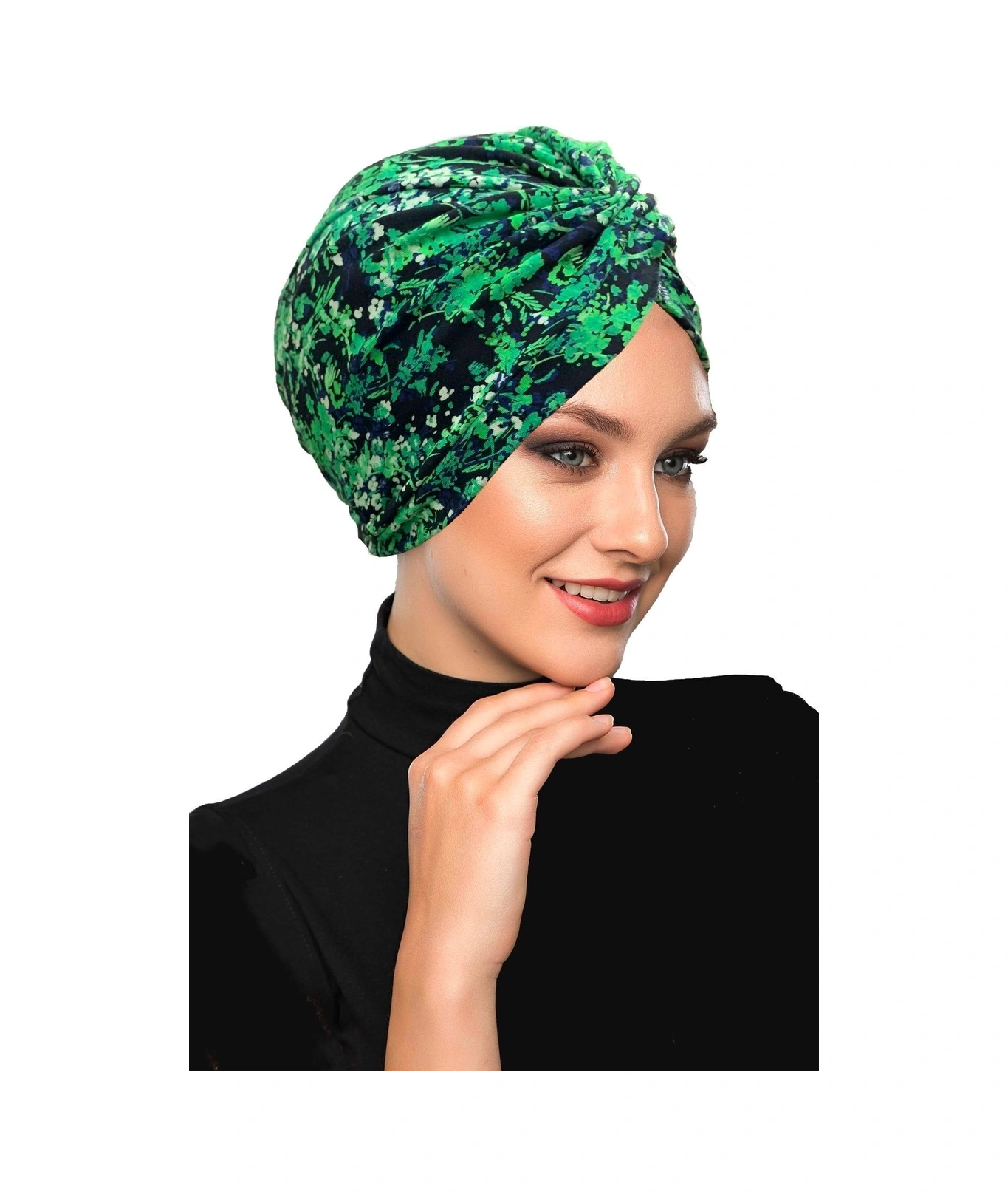 Fidan Desenli Çapraz Penye Yeşil Lacivert Çiçek Motifli Hazır Türban Tesettür Havuz Bonesi Yeşil Lacivert