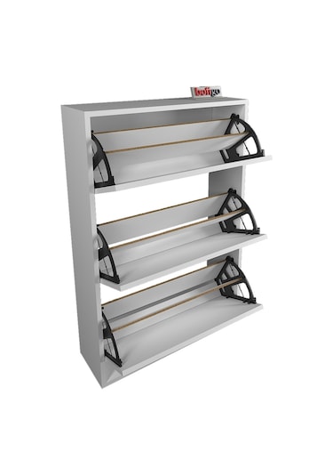 Bofigo Düşer Kapak Ayakkabılık Kayar Raflı Ayakkabılık 3 Bölmeli Ayakkabılık Melek Beyaz