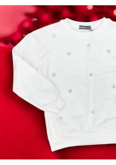 Kız Çocuk Pamuklu İnci İşlemeli İnce Sweatshirt-15007 Ekru