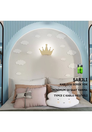 Simaavize Çocuk Şarjlı Aplik/gece Lambası - Gün Işığı Taç Ahşap