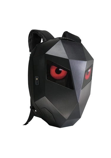 Led Kırmızı Göz Maskeli Akıllı Sırt Çantası - Sert Kasa, Usb Şarj Girişli Teknolojik Çanta Siyah