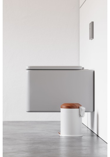 Zift Unique Paslanmaz Çelik Ahşap Kapak Desenli Vintage Çöp Kovası 5l Amortisör Yavaş Kapak Banyo-mutfak Kovalı Beyaz