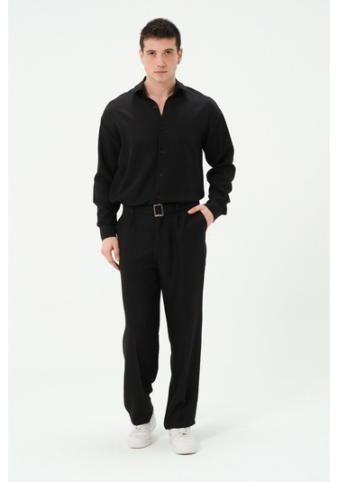 Erkek Yıkamalı Keten Bol Paça Pileli Yeni Sezon Pantolon Siyah