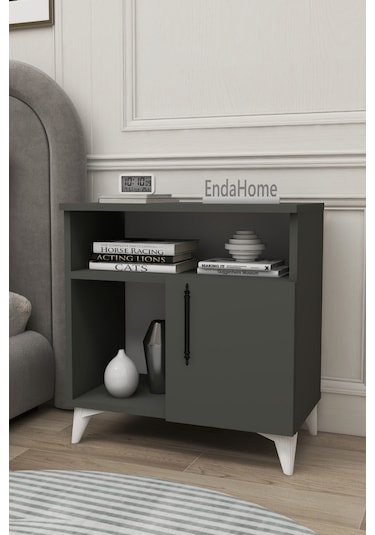 Melina Tek Kapaklı 2 Raflı Bölmeli Komodin & Şifonyer Yatak Odası Başucudüzenleyici Komidin Antrasit