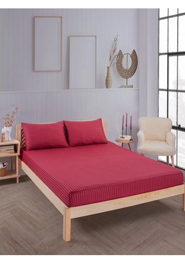 Bordo Pamuklu Çizgili Saten Lastikli Çarşaf Takımı Tek Kişilik + 1 Yastık Kılıfı Bordo