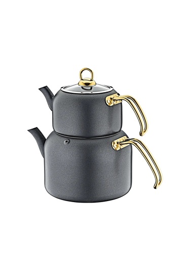 3519 - 16 Parça - Bio Granit -tencere, Tava, Düdüklü Tam Çeyiz Seti, Antrasit Gövde - Gold Detay Siyah