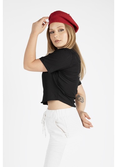 Giyim Dünyası Kadın Kısa Kol Crop Gömlek Siyah 001