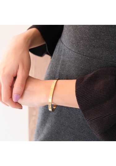 316l Çelik Gold Taşlı Kelepçe Altın - Çelik