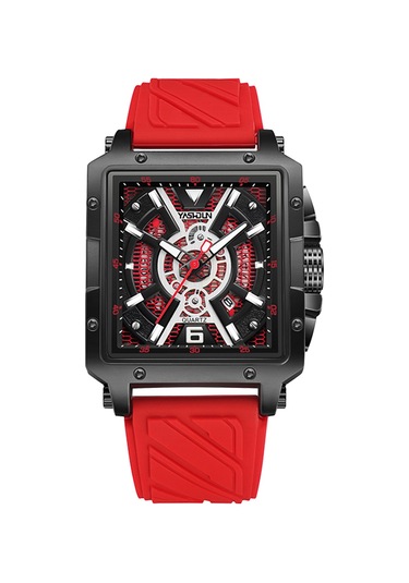 Yashıdun 5071 Şık Kare Kuvars İzle Silikon Kayış Erkekler Aydınlık Bilek Saati - Siyah Kadran / Kırmızı Kayış
