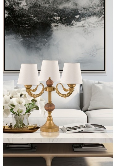 Üçlü Şamdan Masa Lambası Abajur Eskitme Krem Rengi Şapkalı Eskitme