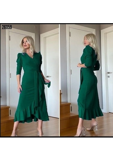Kadın Yeşil Krep Kumaş Midi Boy Kuşaklı Uzunkol Elbise Bediva 001