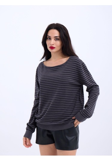 4215 Triko Çizgili Salaş Kazak-antrasit-siyah Altın