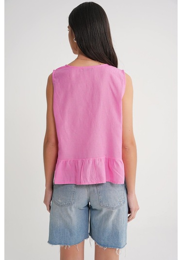 4717 Kadın Önü Bağcıklı Fırfırlı Kolsuz Keten Bluz Pembe Pembe