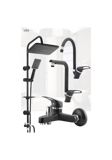 Mat Delta Siyah Robot Yağmurlama Tepe Duş Seti Banyo Lavabo Evye Batarya Seti Siyah