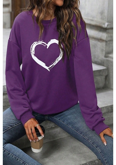 Modagen Kadın Mor Kalp Baskılı Bisiklet Yaka Sweatshırt Mor