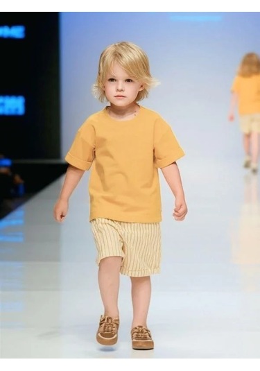 Erkek Bebek Çizgili Dokuma Şort-15855 Sarı