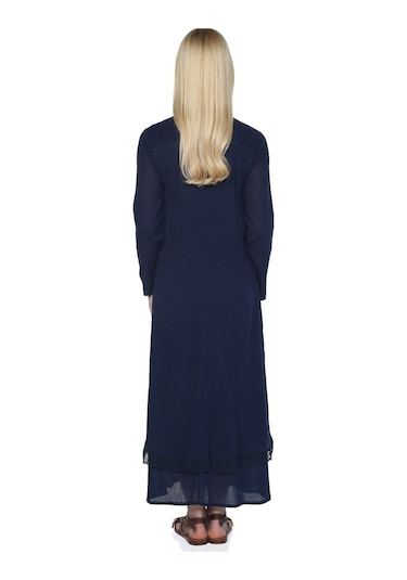 Uzun Kol Şile Bezi Nervürlü Uzun Elbise Lacivert