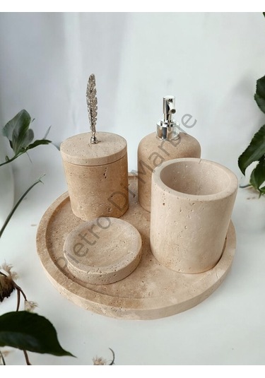 Sarı Traverten Klasik Model 5 Parça Gümüş Renk Kuş Tüyü Aksesuarlı Banyo Seti Sarı Traverten