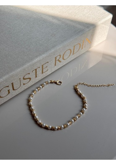 İnci Ve Altın Renk Boncuklu Kadın Halhal Ayarlanabilir Zarif Yazlık Aksesuar Altın