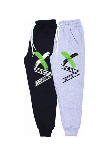 Fyk Kids 2 Li Fermuarlı, Baskılı X Collection Erkek Çocuk Eşofman Altı Gri - Siyah