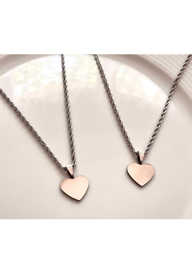 Gns Aksesuar Kalın Burgu Halat Zincir Kalp Detaylı Sevgili Kolye Seti Gümüş