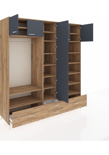 Kronos Dolap 18 Raflı 4 Çekmeceli Tek Askılı 220x59x243 Çam-antrasit/çam Antrasıt/atlas Çam