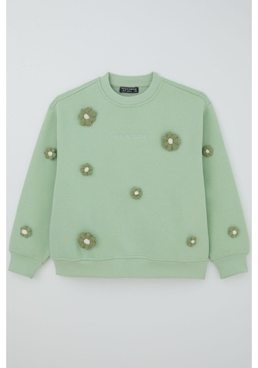 Locoloco Kız Çocuk Sweatshirt Çiçek Motifli 9-14 Yaş, Su Yeşili Su Yeşili