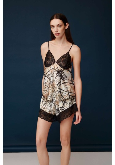 Bonnie&clyde - Kadın Baskılı Saten Şort Takımı Baskılı Çok Renkli