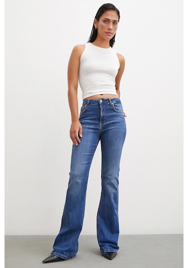 Never More Yüksek Bel İspanyol Paça Jean Mavi