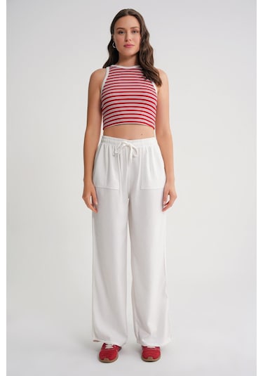 4629 Kadın Bol Paça Yüksek Bel Viskon Palazzo Pantolon Beyaz Beyaz