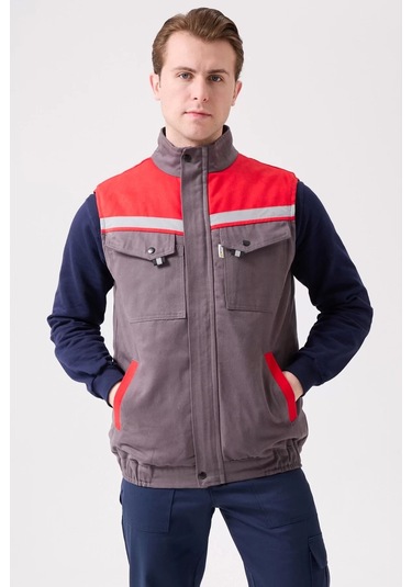 Kışlık İş Yeleği Grikırmızı Gabardin Çok Cepli Royal Sıcak Tutucu Rüzgar Geçirmez Reflektörlü Gri-kırmızı