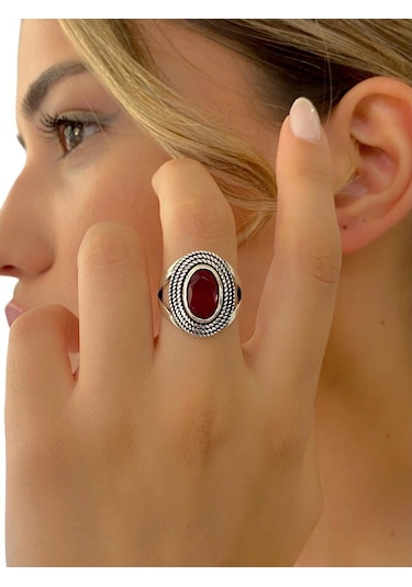 925 Ayar Gümüş Oval Yakut Taş Otantik Üst Kalite Kadın Yüzük