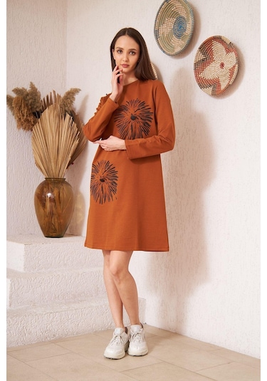 Darlin Moda Taba Baskılı Düğme Detaylı Tunik DM60346 Çok Renkli