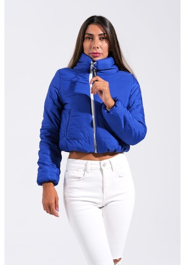 Kadın Saks Mavi Sırtı Taş Baskılı Dik Yaka Kısa Şişme Mont-saks Mavi Saks Mavi