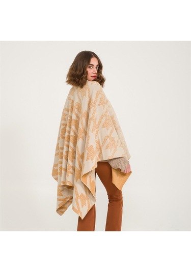Kaz Ayağı Desen Çift Taraflı Triko Kadın Şal Panço-Safran-140X140 Safran