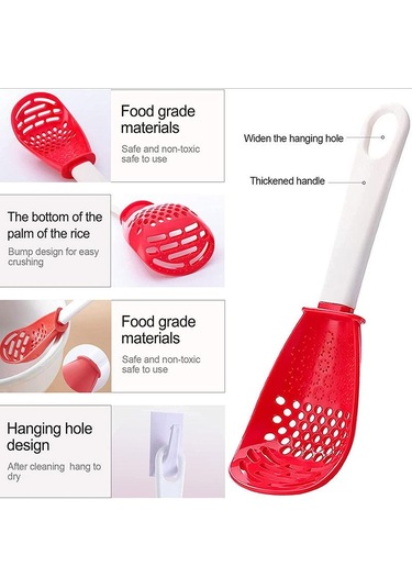 Kırmızı Çok Fonksiyonlu Yemek Kaşığı Mutfak Süzgeci Kepçe Kesmek İçin Sarımsak Asılı Delik Yenilikçi Patates Sarımsak Presi Mutfak Aksesuarı